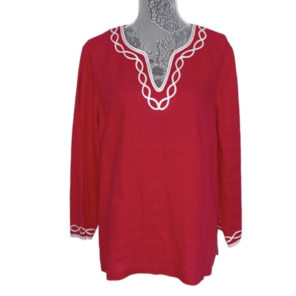 Talbots women’s Size XL Petite red with white soutache‎ cord 100% linen top. EUC